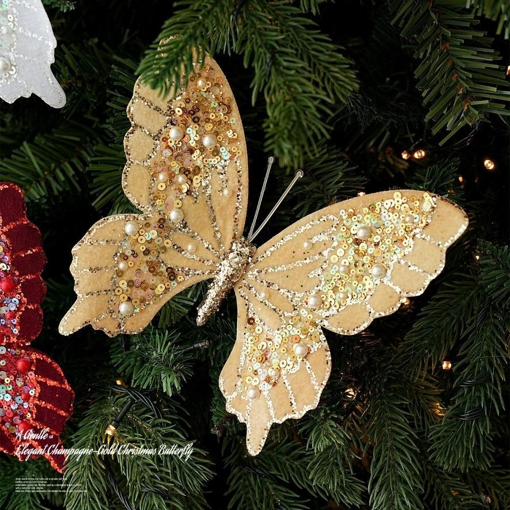 Flocking Finish Christmas Sequin Butterfly Ornament Artificial Butterfly Pendant Home Decoration