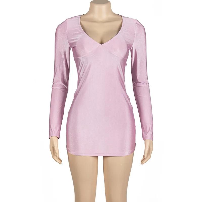 2024 сексуальное женское платье с длинным рукавом и глубоким вырезом, однотонное летнее облегающее платье с v-образным вырезом, Y2k, тонкая клубная одежда для вечеринок 30580