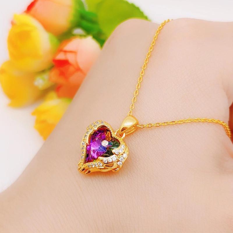 Fashion Simple Creative Ocean Heart Necklace Exquisite Heart Angel Wings Colorful Crystal Pendant High Quality Gifts For Girls
