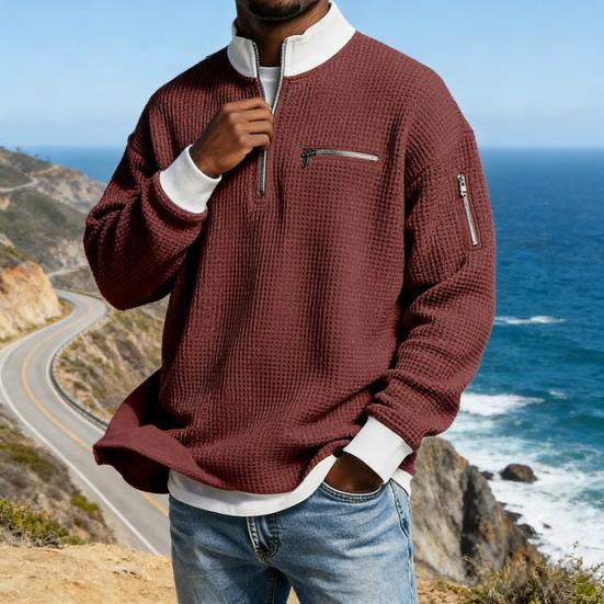 Мужская вафельная толстовка на молнии до четверти с воротником-стойкой, повседневный пуловер, блок цветов, топ с длинным рукавом для офиса, улицы, спортзала