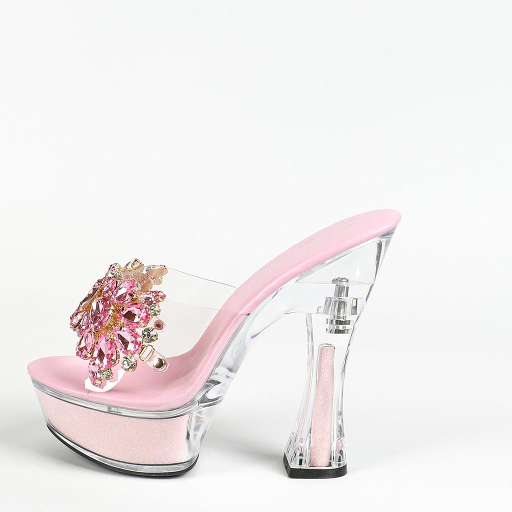 Стеклянные отельные туфли со стразами, толстый каблук, банкетные тапочки, женские летние прозрачные водонепроницаемые на платформе, толстая подошва, сексуальные, с кристаллами