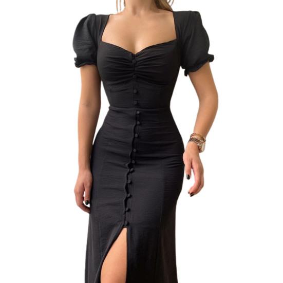 Платье женское летнее однотонное с пышными короткими рукавами, сборками, однобортное, с разрезом по подолу