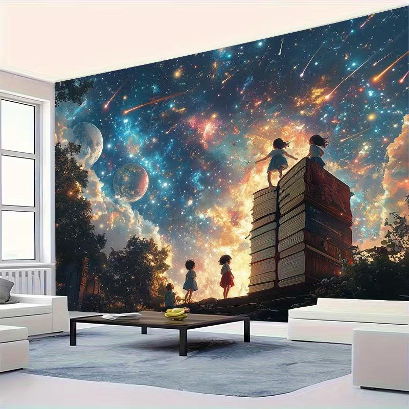 Волшебное Чтение 2D Фон, Космическое Небо и Стопка Книг Фото Фон