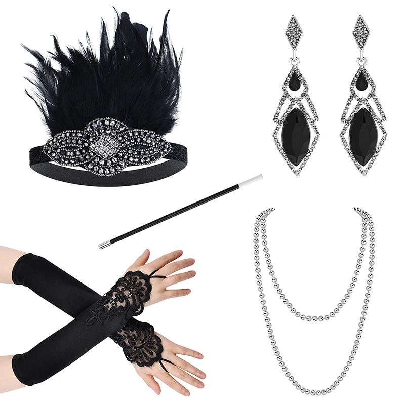1 Set 1920'S Flapper Cosplay Costume Feather Headband Pearl Necklace Bracelet Stockings Long Glove Gatsby Masquerade Accessories
