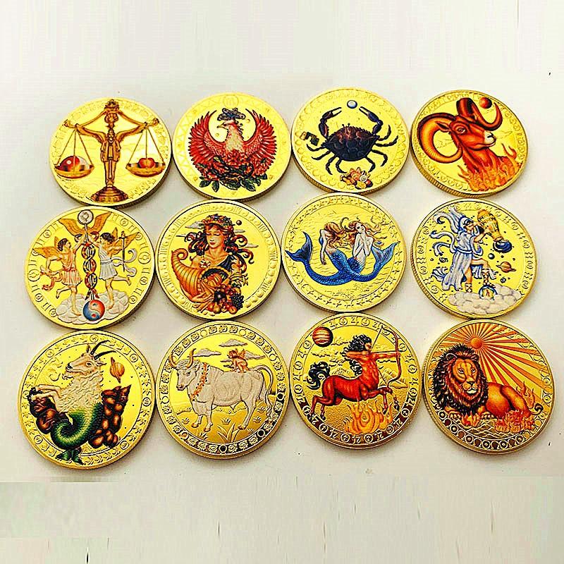 Twelve zodiac signs, color printing, Scorpio, gold-plated color printing commemorative medal, Gemini of love, decorative gold coin, Libra coin