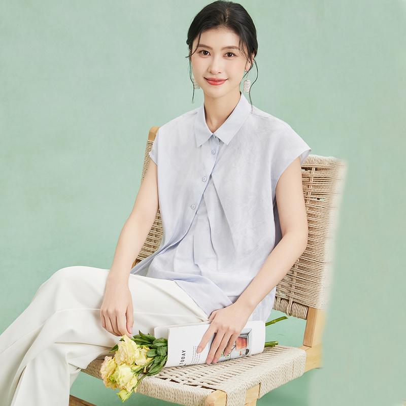 Cotton silk and linen collared short-sleeved shirt with high-end and unique irregular design, summer women's top