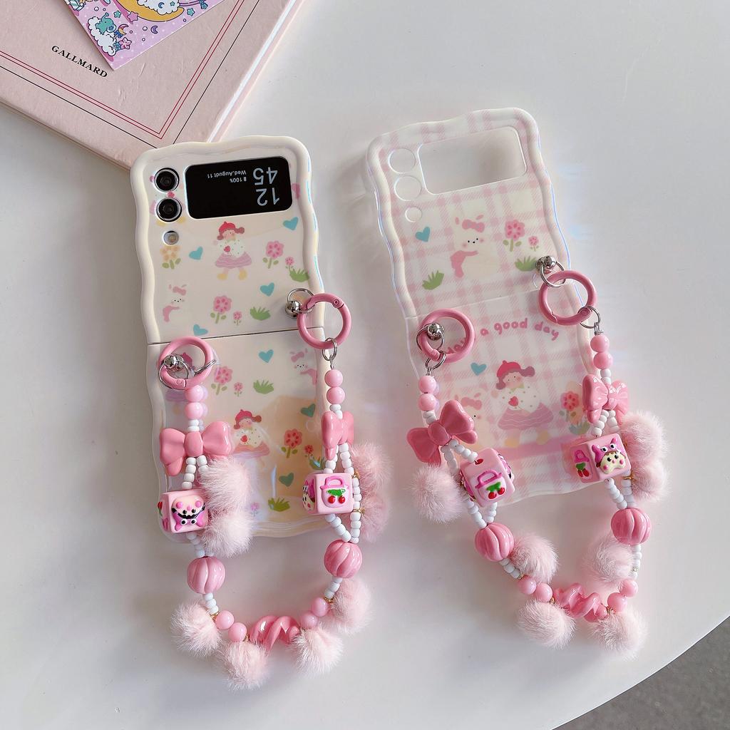 For Samsung Galaxy Z Flip4 5G Case IMD Girl Flower Pattern TPU Phone Cover with Beads Hand Strap