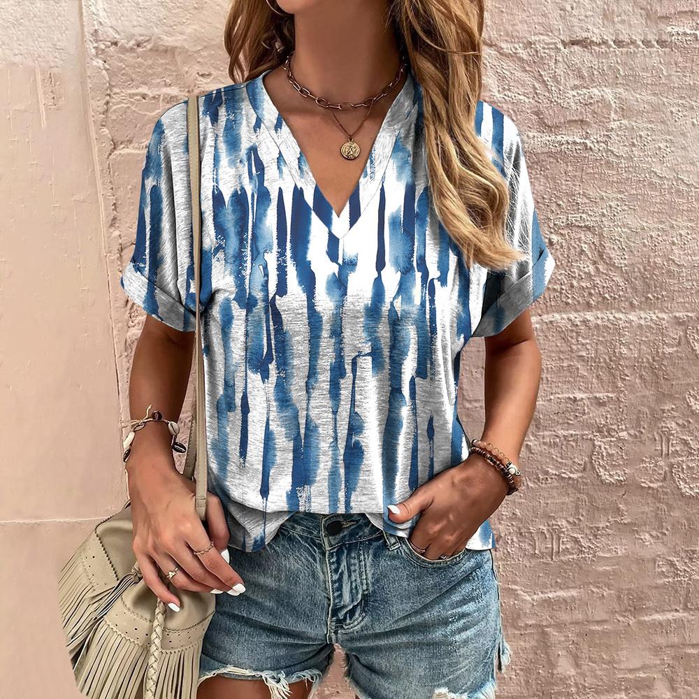 Летняя женская футболка с полосатым принтом, футболка в стиле тай-дай с коротким рукавом, женская одежда, V-образный вырез, свободная блузка, женские футболки