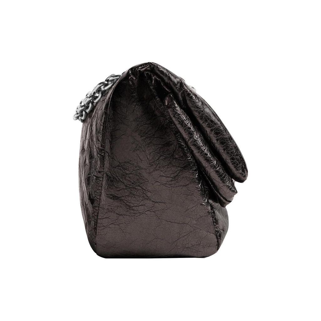 Balenciaga Monaco Distressed Silver Bb Logo Flap Closure Arena Calfskin Chain Bag Women Handbags Dark-Gray 7659662AASD1314