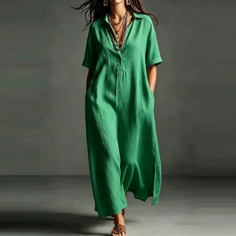 Vintage Summer Simple Casual Dress Solid Color Lapel Short Sleeved Loose Pullover Shirt for Office Dresses