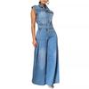 Vintage Loose Denim Wide Leg Pants Jumpsuit Women Pocket Sleeveless Single Breasted Baggy Jean One Piece Rompers Street Overalls