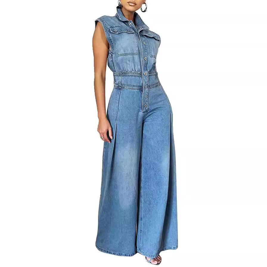 Jumpsuits Women One Piece Denim Jeans Overalls Sleeveless High Waist Turn Down Collar Wide Leg Long Pants Rompers Summer
