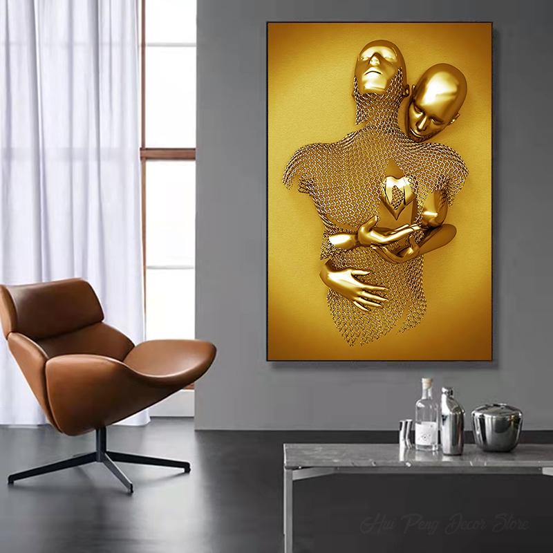 3D золотой эффект, обнимающая пара, металлическая настенная живопись, холст, принт, поцелуи, художественные постеры и принты для гостиной, домашний декор
