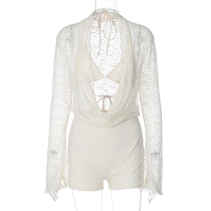 Sexy Lace Trim Long Sleeve Jumpsuit Women Casual Party Wear