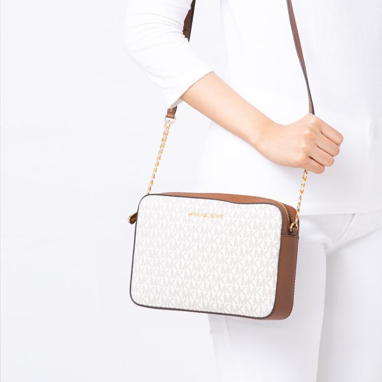 Michael Kors Mk Jet Set Длинная Винтажная Сумка-Камера с Монограммным Логотипом на Цепочке из Кожи Женская Сумка на Плечо Ванильно-Коричневая 35F8GTTC3B-VANILLA-ACRN