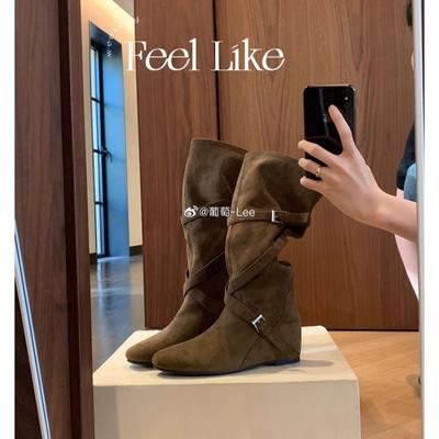 Увеличение роста см~ пряжка с круглой головкой с мягкими плиссированными тонкими полусапогами женские туфли на высоком каблуке