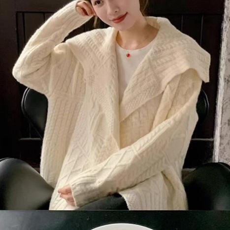 Lapel sweater jacket women's autumn and winter new design soft waxy thickened loose lazy wind twist knitted cardigan