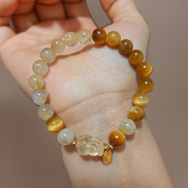 Women's Natural Golden Tiger Eye & Rutilated Quartz Crystal Bracelet - Elegant Wealth Stone Gift