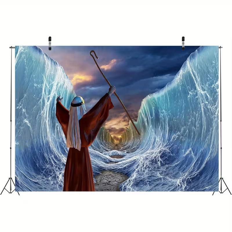 2D Biblical Moses Miracle Tapestry, Parting The Red Sea Blue Wave Scene Wall Hanging