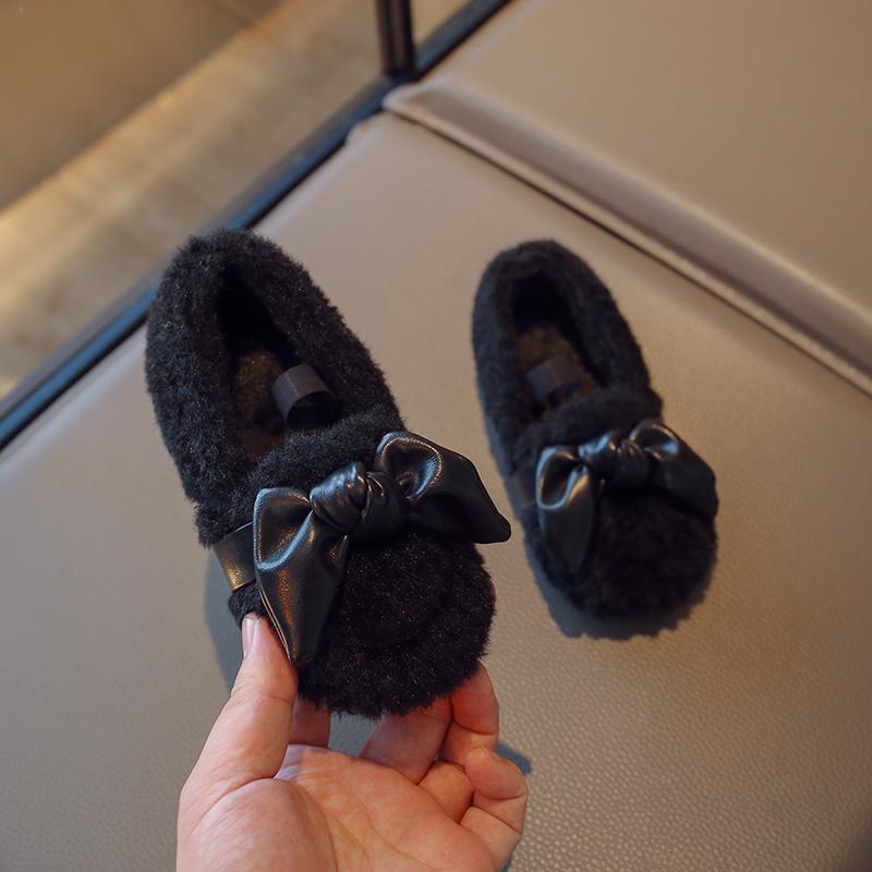 Модные детские туфли для девочек, детские, зимние, плюшевые, меховые, с бантом, теплые, хлопковые, дизайнерские, милые, для малышей, принцессы, повседневные, туфли на плоской подошве