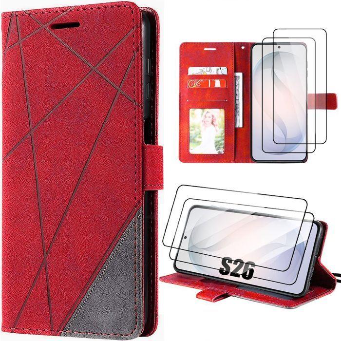 Coque pour Samsung Galaxy S26, Cuir Synthétique Antichoc Anti-Rayures Rouge Gris - 2 Verres Trempés