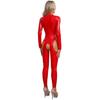Womens One Piece Long Sleeve Crotchless Jumpsuit Wet Look Patent Leather Zipper Bodysuit Catsuit