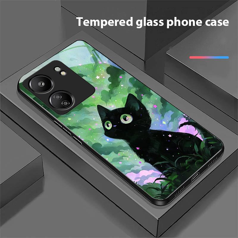 Милый маленький черный котик для Xiaomi Redmi 13C Note13 12 Pro Plus 5G Note 9 13T Pro POCO X6 F5 F6 Черный чехол для телефона из закаленного стекла