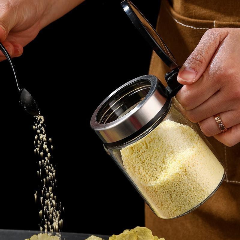 Коробка для приправы на кухне, прозрачный стеклянный контейнер для приправ с крышкой из нержавеющей стали, кастрюли для приправ для хранения продуктов на кухонном столе