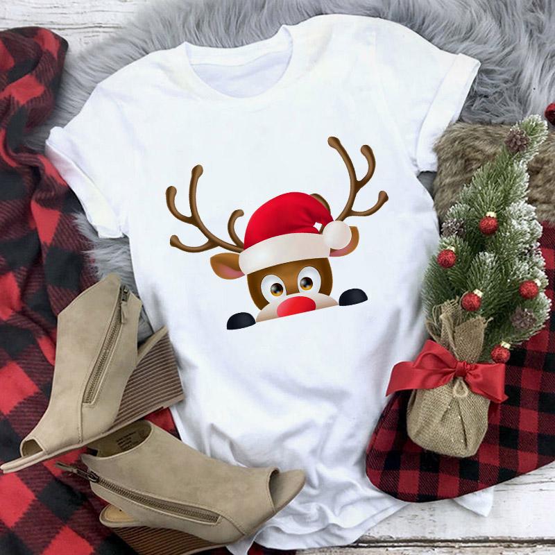 Cute Reindeer T Shirt Women Fashion Christmas Harajuku Short Sleeve T Shirt White Suitable All Seasons