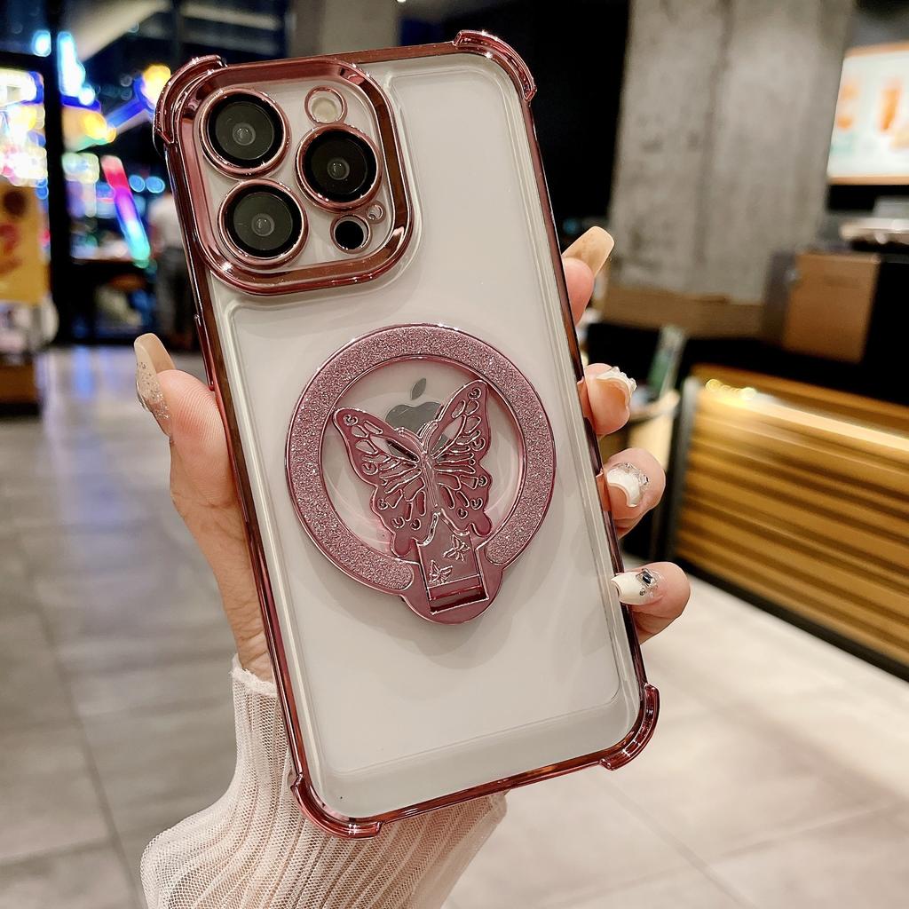 Applicable to iPhone16ProMax mobile phone case butterfly glitter bracket Apple 15 four corners anti-drop protective case