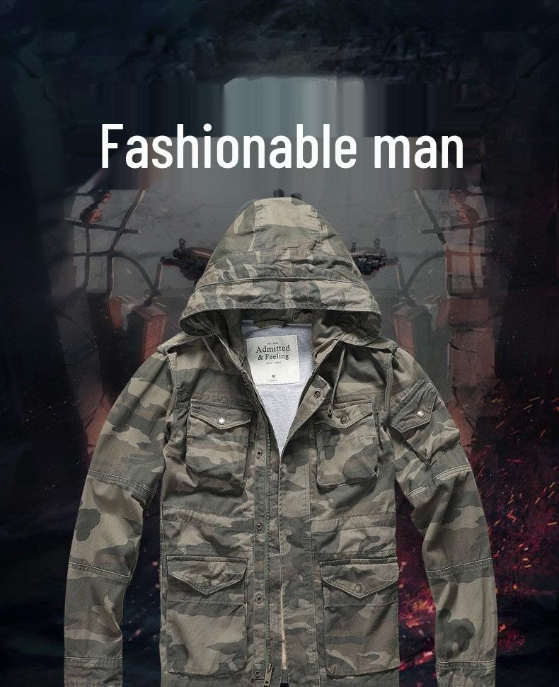 Мужская камуфляжная куртка средней длины с капюшоном в стиле амекадзи с множеством карманов