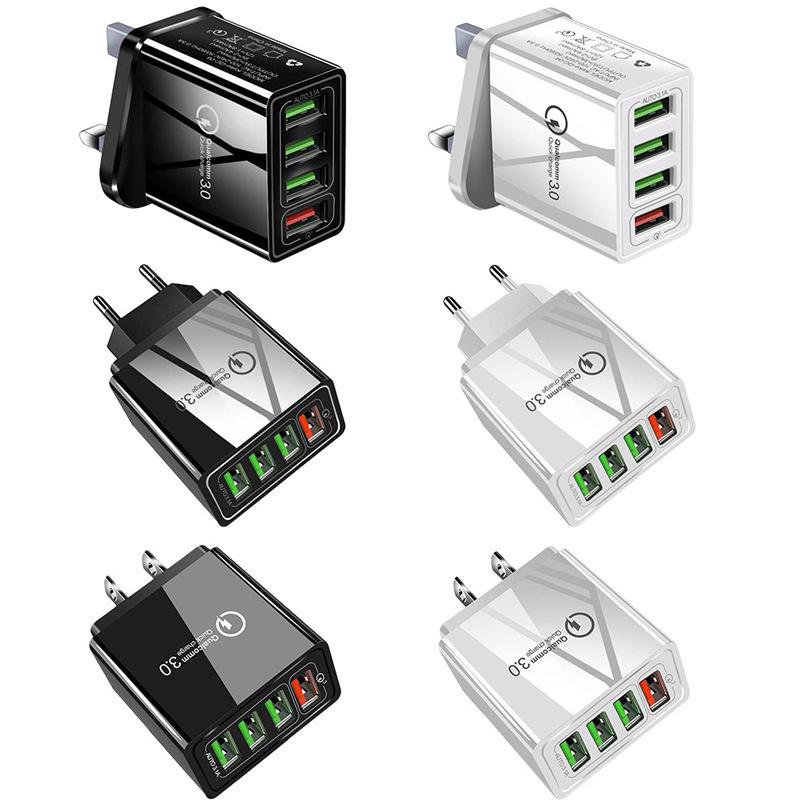 4-портовое USB-зарядное устройство QC3.0 с вилкой EU/US/UK, Светящееся 9V2A, 5V 30W Быстрая зарядка
