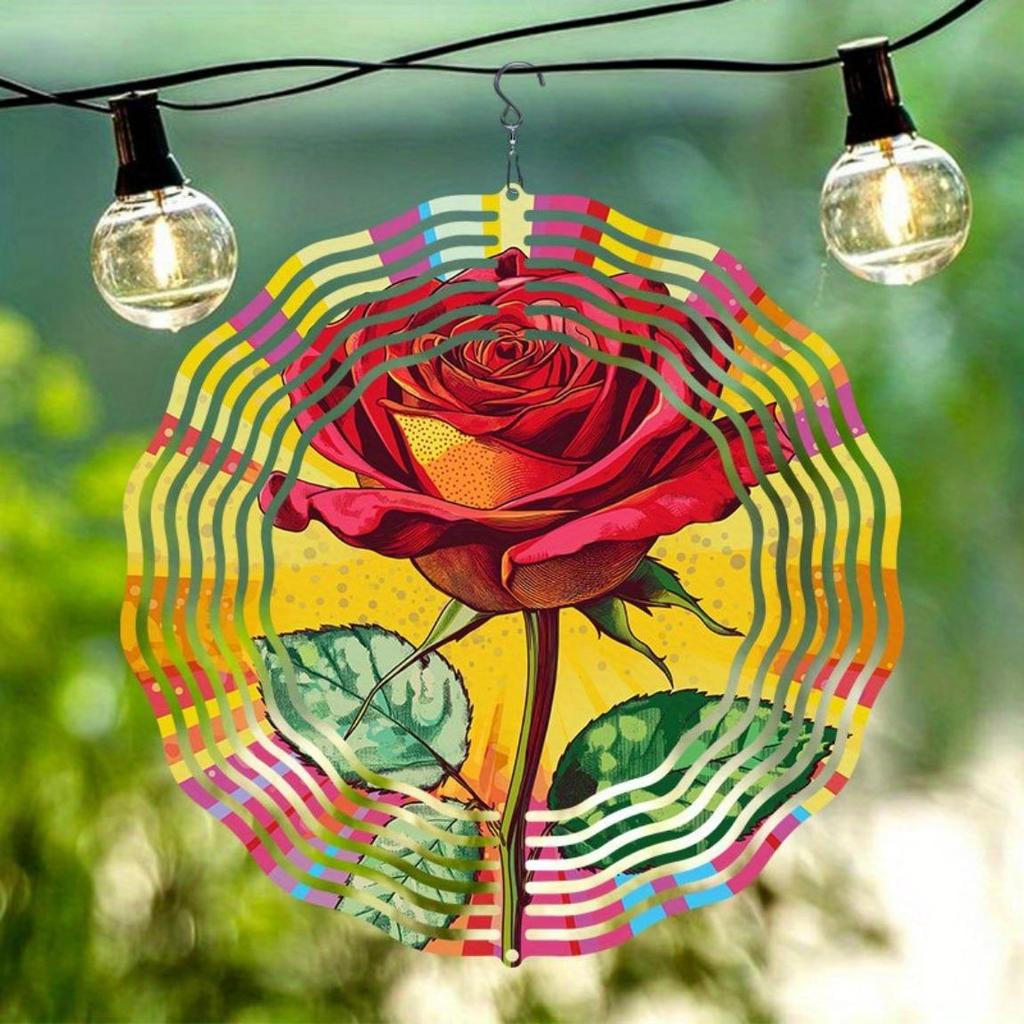 1pc Modern Art Red Rose Pattern Decorative Spiral Hanging Garden Wind Chime, Power Art Craft Windmill, Bi-Directional Rotatable | Outdoor