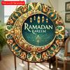 2D Flat 20cm1pc Mubarak Kareen Golden Moon &lantern Patterns Good Quality Round Wooden Pendant, Celebrate Eid Beautiful Wreath Pattern Ornament Muslim