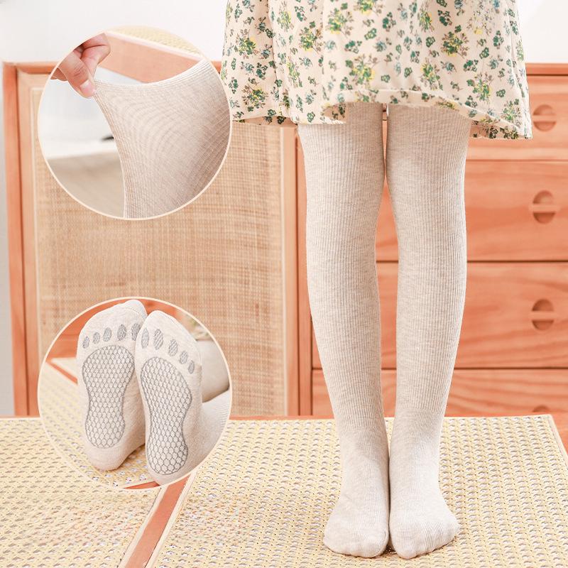 Children's Anti-slip Cotton Pantyhose - Solid Color Vertical Stripes Leggings for Girls - White Dance Socks