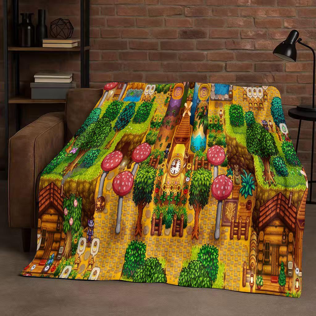Retro Stardew Valley Farm Map Pixel Game Flannel Blanket,Ultra Soft Warm Plush Throw for Home Bedroom Bed Sofa Cover Kids Gift