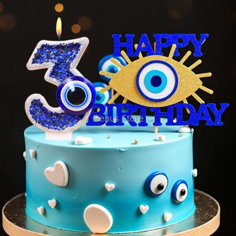 Сверкающая синяя турецкая свеча 'Сглаз' Оригинальная свеча для дня рождения Цифры 0-9 Украшение для торта для детей