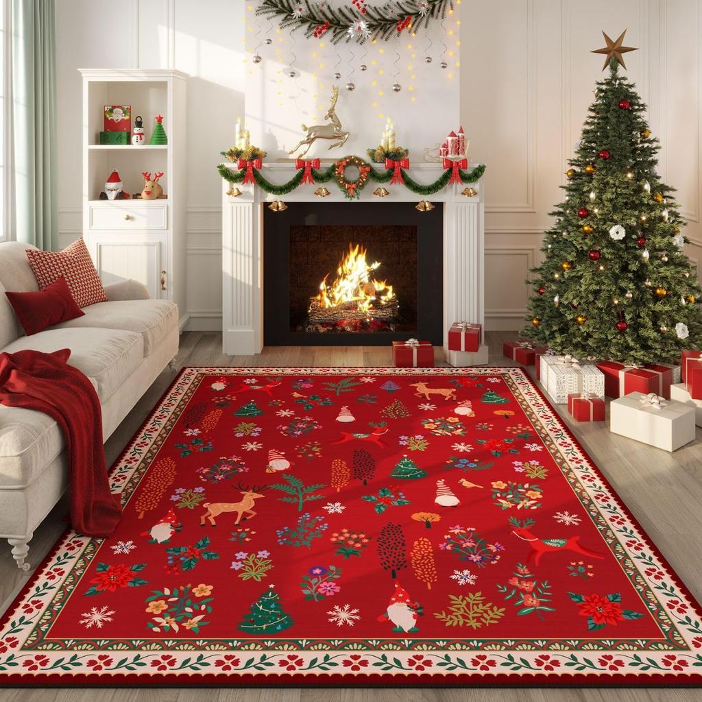 Home Red Christmas Rugs Soft Stain Resistant Modern Red Carpet Bedroom Rugs Dining Room Living Room Vintage Soft Area Washable