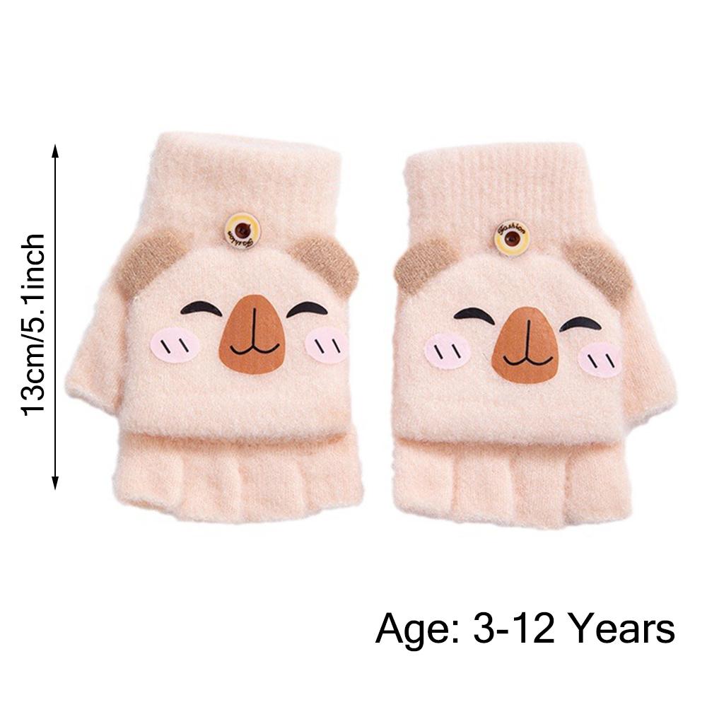 Capybara Student Half-Finger Flip Gloves Thickened Warm Knitted Mittens for Boys Girls