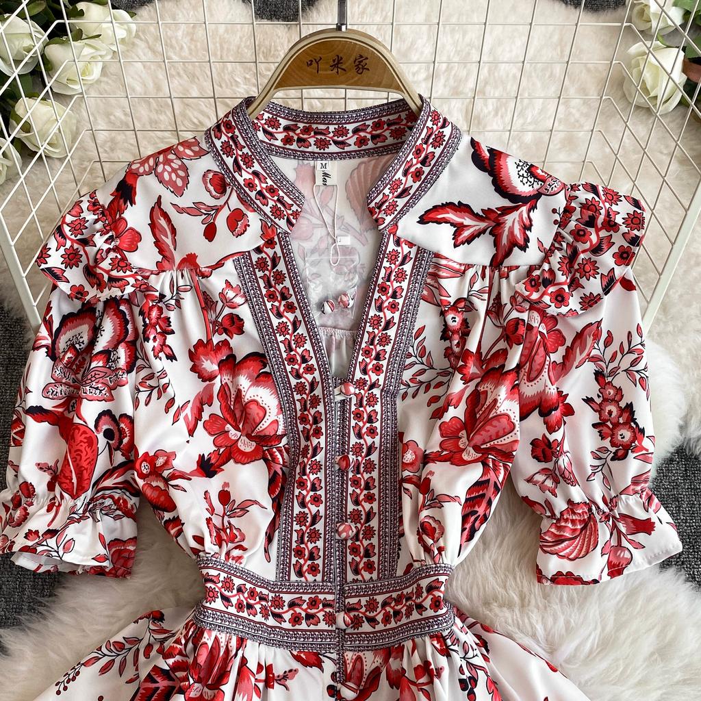 Летнее женское дизайнерское винтажное платье с принтом, элегантное однобортное вечернее платье с v-образным вырезом