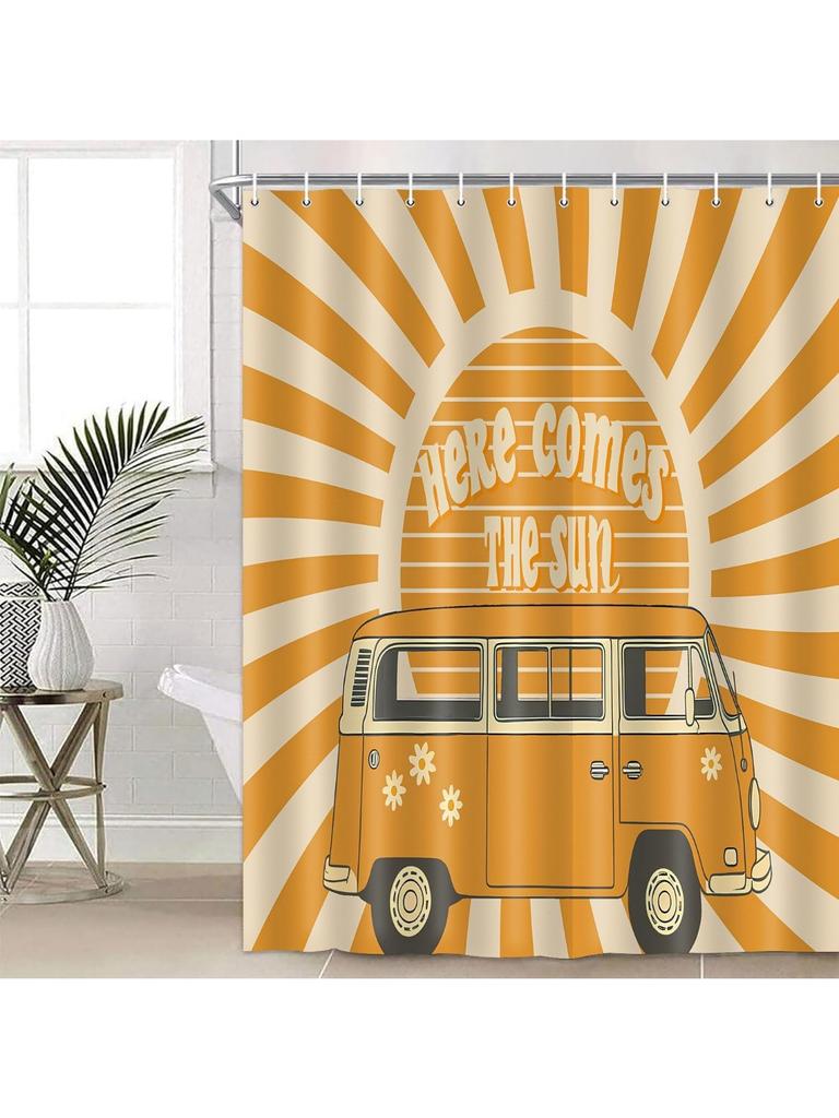 Here Comes The Sun Shower Curtain 72x72 Inches Boho Vintage Floral Bus Retro Hippie Orange Sun Sunshine Reversible for Home