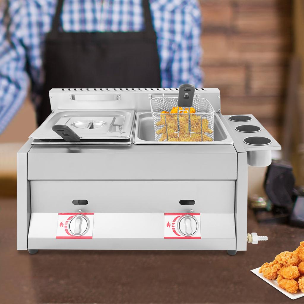 Газовая фритюрница 6 л с корзиной и крышкой из нержавеющей стали Коммерческая двухсекционная фритюрница 50-380°C Используется для жарки картофеля фри, курицы