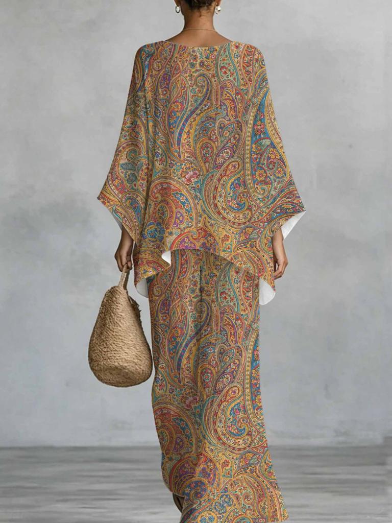 Women'S Set, Batwing Sleeve, Vintage Bohemian Paisley Floral Print, Elegant Twopiece Outfit for Casual Or Holiday Wear