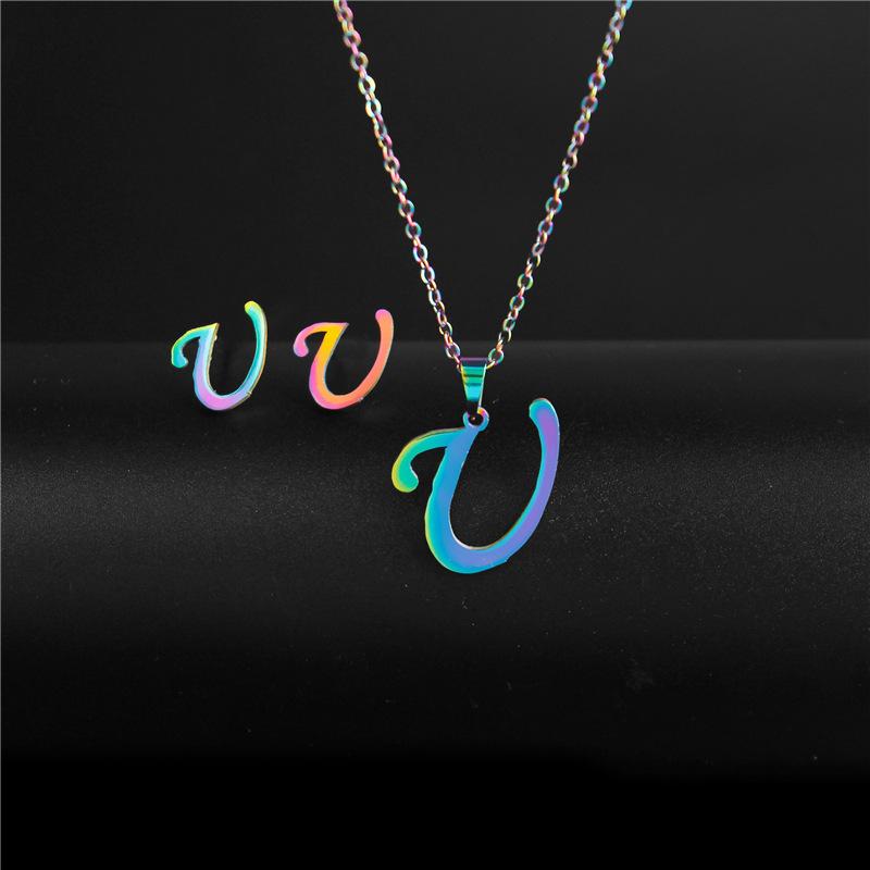 RUI RUI YU 26 Letter Colorful Stainless Steel Jewelry Sets for Women Men Alphabet Initial Chain Pendant Necklace Earrings Kids Gift
