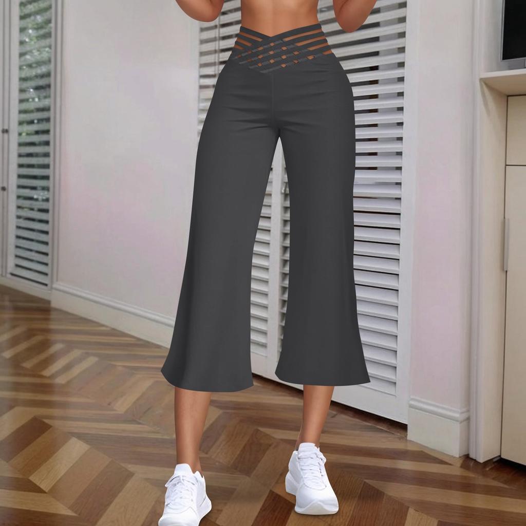 Women's Hollow Belt Trousers Temperament Flared High Waist 3/4 Pant Casual Fit Wide Capris Leg Pants