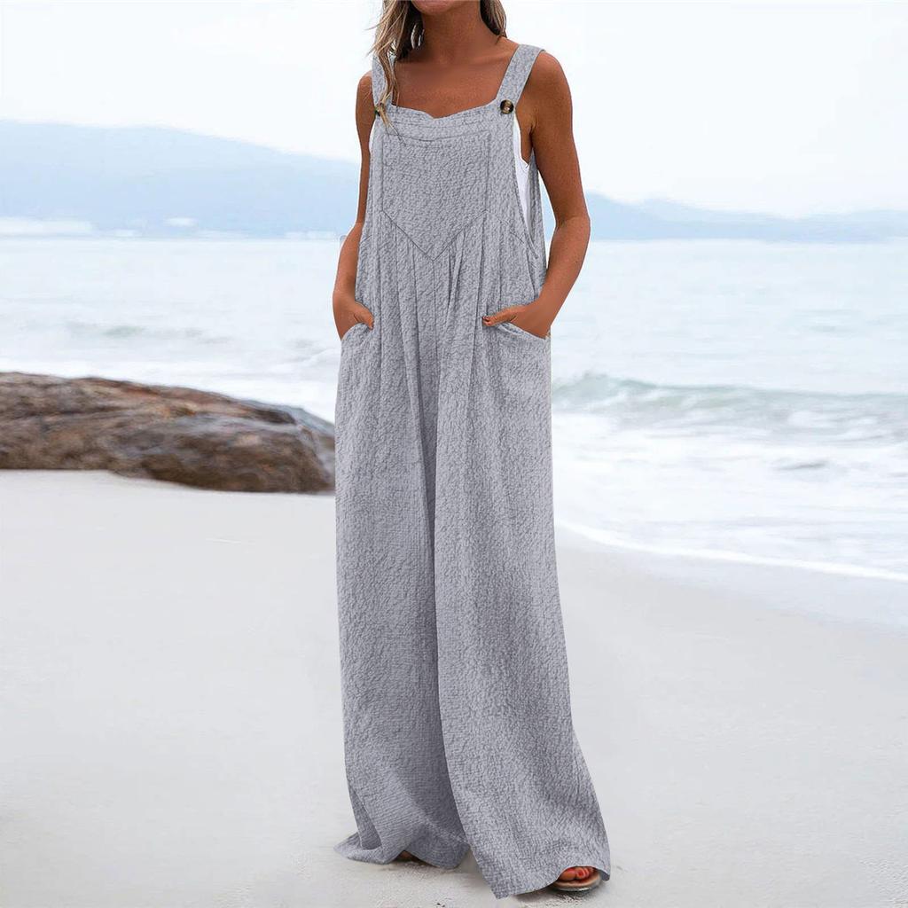 Women's Fashion Casual Loose Pocket Flannel Solid Color Jumpsuit