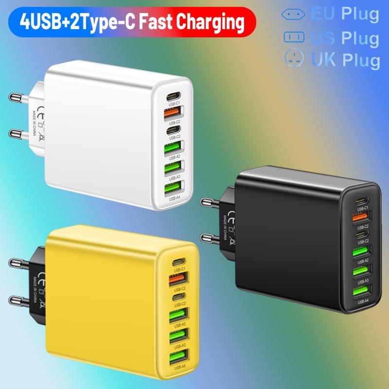 Многопортовое зарядное устройство для путешествий: 2 Type-C PD + 4 USB, Зарядная головка 3,1 А