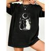 Black Oversized T Shirt With Moon And Cats Print For Casual Wear