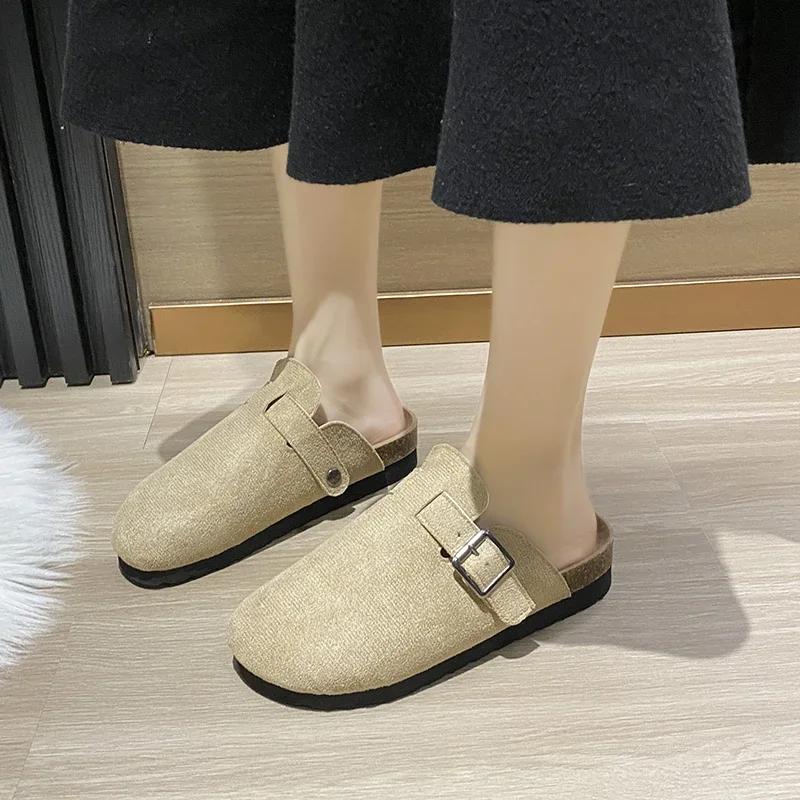 Мода 2024 года, высококачественная женская обувь, закрытый носок, женские тапочки, модные повседневные тапочки с пряжкой на ремне, женские новые тапочки на плоской подошве с круглым носком