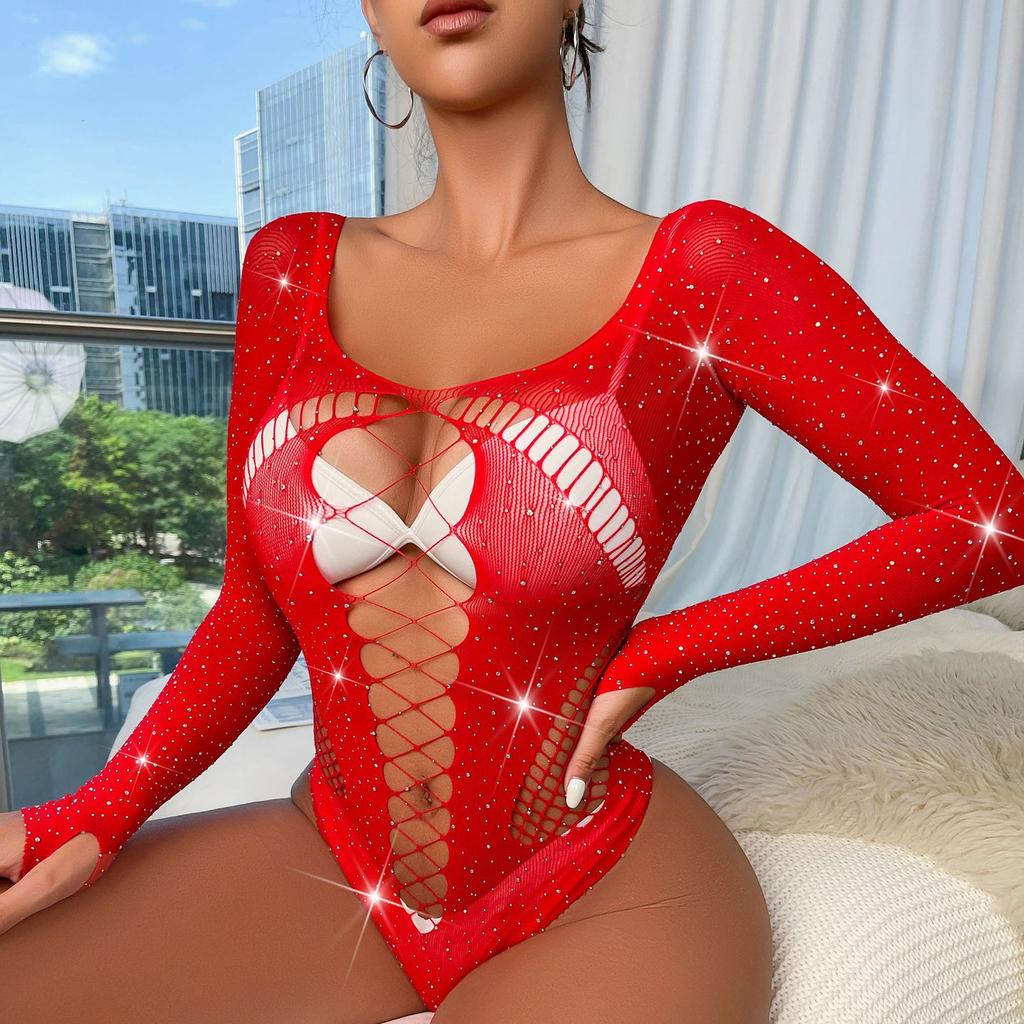 Sexy Lingerie Rhinestone Shiny Long Sleeve Fishnet Clothes Bodystocking Lingerie